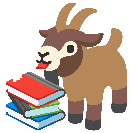 a cartoon goat eating some books