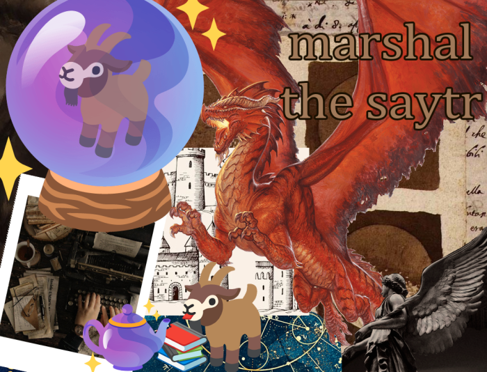 a collage of cartoon goats, dragons and dark academia snippings