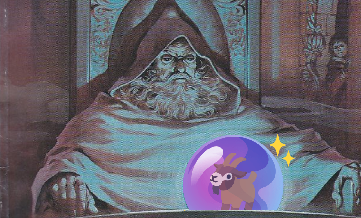 a wizard pondering an orb with a goat in it