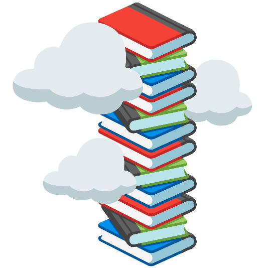 a tall stack of books with clouds around it